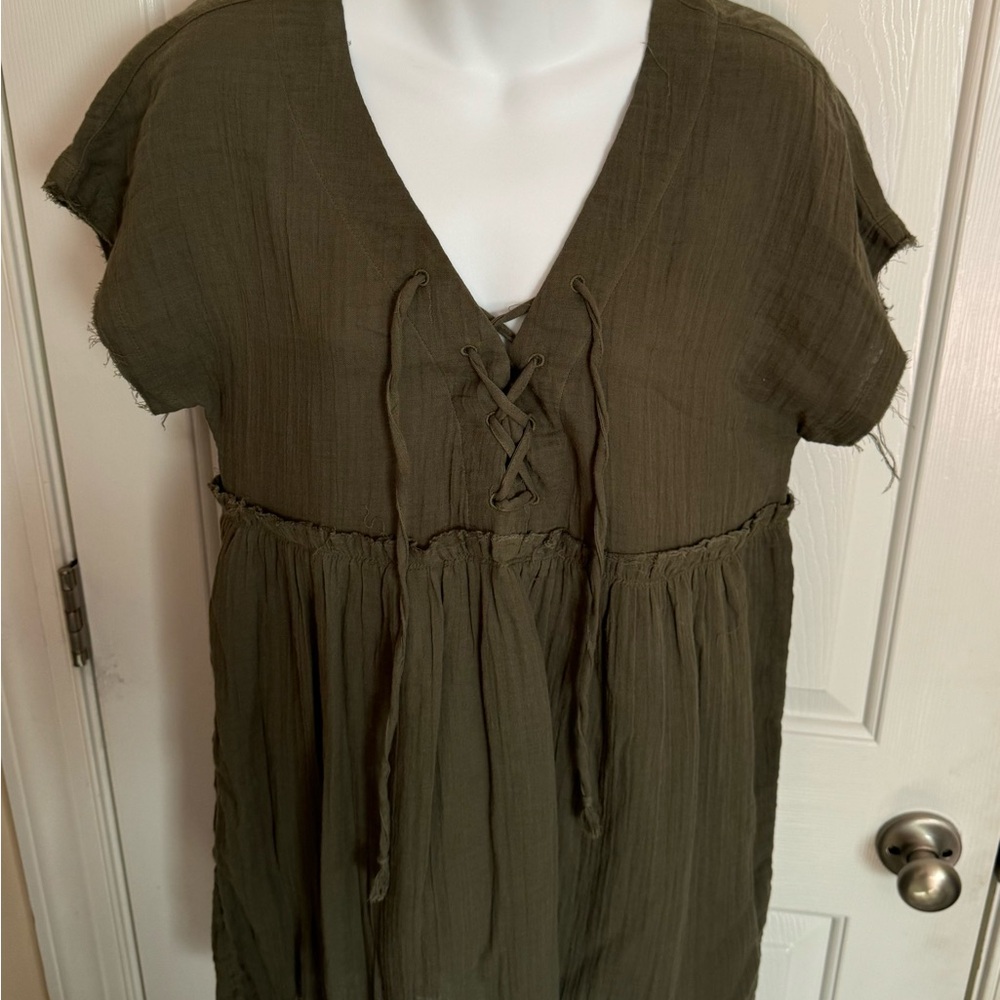 True Craft lightweight Lace Up Shirt Dress Tunic Small Olive Green Cotton NWT